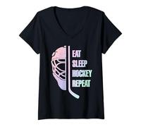 Mujer Eat Sleep Hockey Repeat Teens Cute Pastel Gradient Hockey Camiseta Cuello V