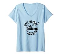 Mujer Eat Sleep Play Tambores Repite Diversión Amor Tambor Camiseta Cuello V
