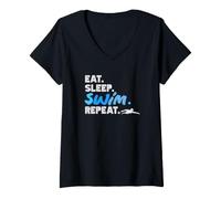 Mujer Eat Sleep Swim Repeat, Divertido Nadador Camiseta Cuello V