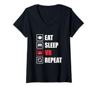 Mujer Eat Sleep VR Repetir Diversión Realidad Virtual Gamer Desarrollador Camiseta Cuello V