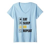 Mujer Eat Sleep VR Repetir Diversión Realidad Virtual Gamer Desarrollador Camiseta Cuello V