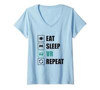 Mujer Eat Sleep VR Repetir Diversión Realidad Virtual Gamer Desarrollador Camiseta Cuello V