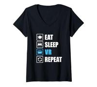 Mujer Eat Sleep VR Repetir Diversión Realidad Virtual Gamer Desarrollador Camiseta Cuello V