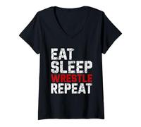 Mujer Eat Sleep Wrestle Repeat, Divertido Entrenamiento de Lucha Libre Camiseta Cuello V