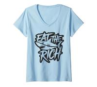 Mujer Eat The Rich - Arte de protesta de Graffiti de tiburón monocromático Camiseta Cuello V