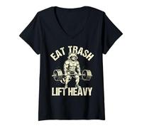Mujer Eat Trash Lift Heavy Funny Raccoon Halterofilia Amante del Gimnasio Camiseta Cuello V