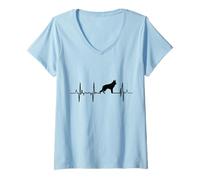 Mujer ECG del latido del corazón del pastor alemán Camiseta Cuello V