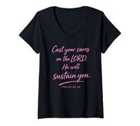 Mujer Echad Vuestra preocupación en el Señor Salmo 55:22 Fe Consolar a Dios Camiseta Cuello V