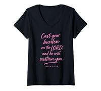 Mujer Echad Vuestra preocupación en el Señor Salmo 55:22 Fe Consolar a Dios Camiseta Cuello V
