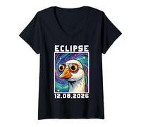 Mujer Eclipse Solar 2026, Ganso con Gafas Eclipse Solar Camiseta Cuello V
