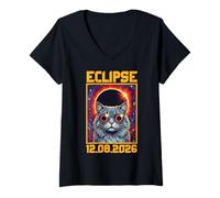 Mujer Eclipse Solar 2026, Gato con Gafas Eclipse Solar Camiseta Cuello V