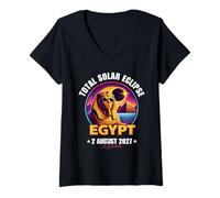 Mujer Eclipse Solar Total Agosto 2, 2027 Egipto Esfinge Astronomía Camiseta Cuello V