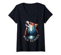 Mujer Ecos Salvajes Aullando Lobo Bosque Reflejo Camiseta Cuello V