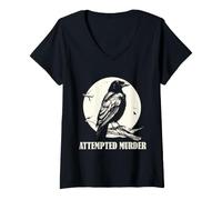 Mujer Edgar Allan PoE Intento de Asesinato Cuervo Juego de Palabras Retro con pájaros Camiseta Cuello V