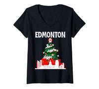 Mujer Edmonton Skyline - Árbol de Navidad Canadiense con Bandera de Canadá Camiseta Cuello V