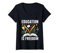 Mujer Educación es Libertad Libros Historia Negra Profesor Niños Camiseta Cuello V