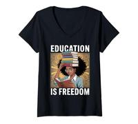 Mujer Education Is Freedom Lectora con Gafas Motivación Escolar Camiseta Cuello V