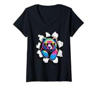 Mujer Efecto de Papel Roto Oso Gafas de Sol Osos Camiseta Cuello V