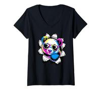 Mujer Efecto de Papel Roto Panda Oso Gafas de Sol Pandas Camiseta Cuello V