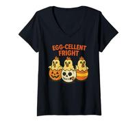 Mujer Egg-Cellent Fright Funny Halloween Chickens Design Camiseta Cuello V