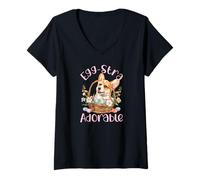 Mujer Egg-stra Adorable Cute Corgi Floral Cesta de Pascua Corgi Camiseta Cuello V