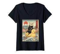 Mujer Egipcio MAU Cat Ninja Japonés Ukiyo-e Arte Camiseta Cuello V