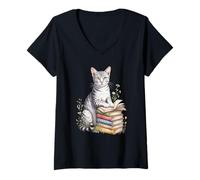 Mujer Egyptian MAU Cat Bookworm Flowers Book Reading Books Camiseta Cuello V