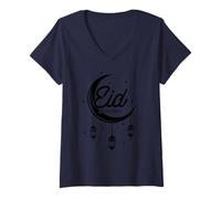 Mujer Eid Mubarak Feliz Ramadán Fiesta Islámica Islam Musulmán Camiseta Cuello V