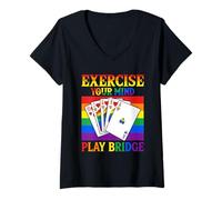 Mujer Ejercita tu Mente Juega Bridge Rainbow Cards Camiseta Cuello V