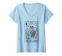 Mujer El Amante de los Gatos Tarot Esqueleto Luna Estrellas Camiseta Cuello V