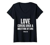 Mujer El Amor Cubre pecados Pedro 4 8 versículo bíblico Camiseta Cuello V