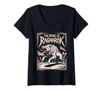 Mujer El aullido de Ragnarok nórdico Mito Lobo Guerrero Saga vikinga Camiseta Cuello V
