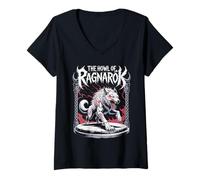 Mujer El aullido de Ragnarok Wolf Viking nórdico Guerrero Mito Saga Camiseta Cuello V