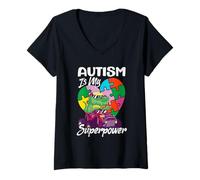 Mujer El Autismo es mi Superpoder concienciación Puzzle Piece Ribbon Camiseta Cuello V