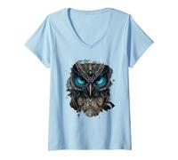 Mujer El búho Oscuro de la fantasía Camiseta Cuello V, Azul Bebé, S
