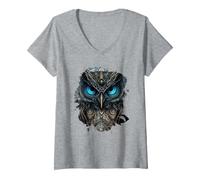 Mujer El búho Oscuro de la fantasía Camiseta Cuello V, Gris Jaspeado, M
