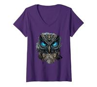 Mujer El búho Oscuro de la fantasía Camiseta Cuello V, Morado, L