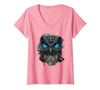 Mujer El búho Oscuro de la fantasía Camiseta Cuello V, Rosado, S