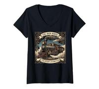 Mujer El Caballo de Hierro Locomotora de Vapor Vintage Tren Arte Camiseta Cuello V