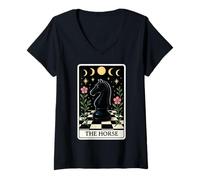 Mujer El Caballo Divertido Caballero de Ajedrez Jugador Tarot Tarjeta Witchy Camiseta Cuello V