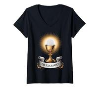 Mujer El Cáliz Eucaristía Misa Católica y Adoración Camiseta Cuello V