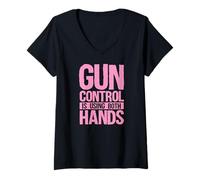 Mujer El Control de Armas está usando ambas Manos Pro 2A Segunda Enmienda Camiseta Cuello V