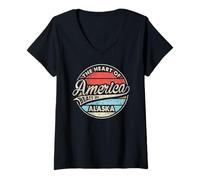 Mujer El corazón de América Late en Alaska Retro USA State Camiseta Cuello V