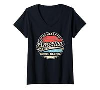 Mujer El corazón de América Late en Dakota del Norte Retro USA State Camiseta Cuello V