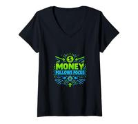 Mujer El Dinero Sigue el Enfoque Éxito mentalidad Motivación Gráfico Camiseta Cuello V