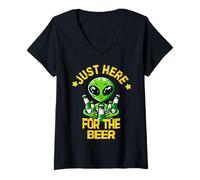 Mujer El Divertido Equipo de Disfraces de Halloween de Alien Just Here For Beer Green Camiseta Cuello V