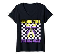 Mujer Él, ella, ellos, todo está bien, bandera no binaria, orgullo, chica LGBTQ Camiseta Cuello V