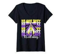 Mujer Él, ella, ellos, todo está bien, bandera no binaria, orgullo, chica LGBTQ Camiseta Cuello V
