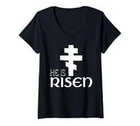 Mujer Él es Cristianismo ortodoxo resucitado Griego ortodoxo Oriental Camiseta Cuello V