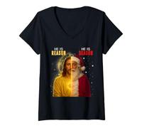 Mujer Él es la Temporada, es la razón de Christian Santa Face Christmas Camiseta Cuello V